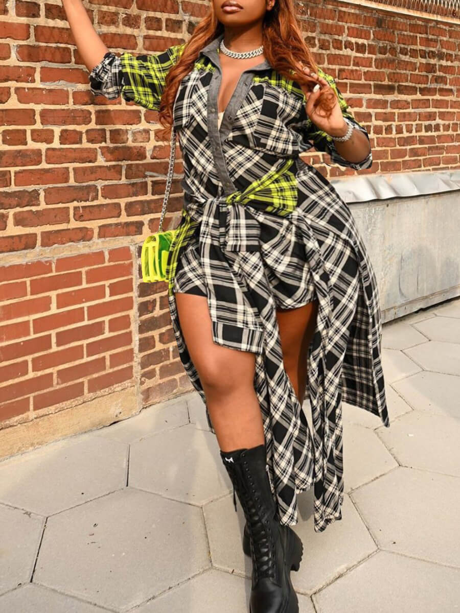 

Lovely Trendy Turndown Collar Grid Print Asymmetrical Black Plus Size Coat