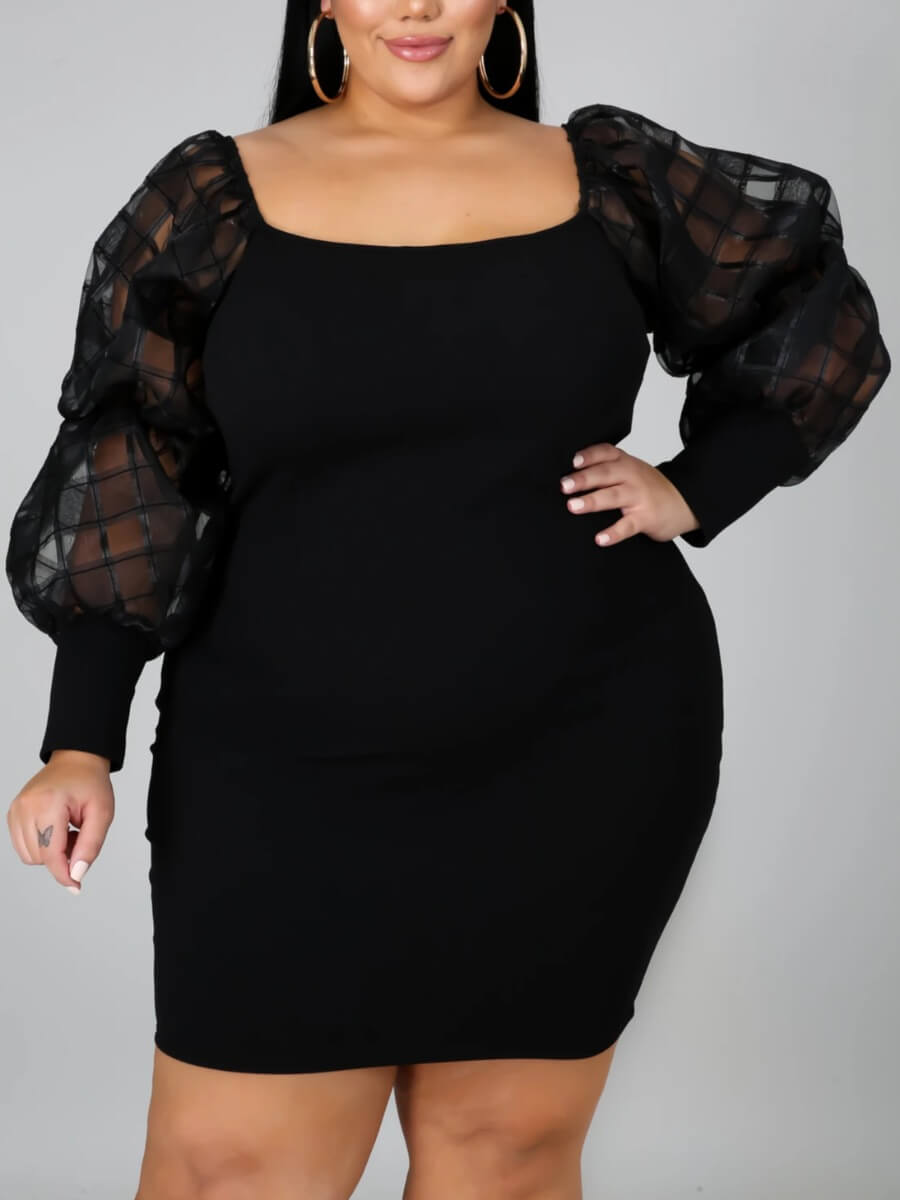 

Lovely Sweet Square Collar Patchwork Black Knee Length Plus Size Dress