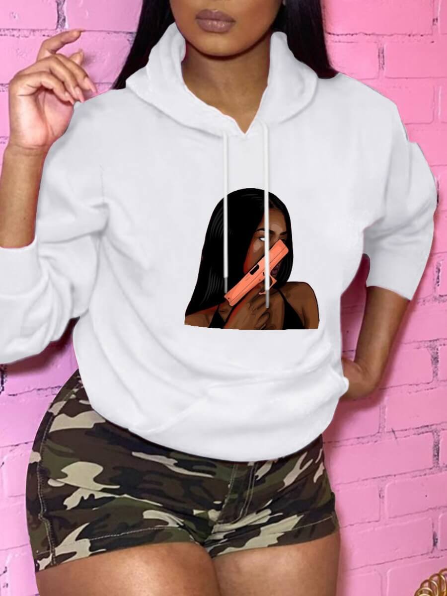 

Lovely Casual Hooded Collar Print White Hoodie