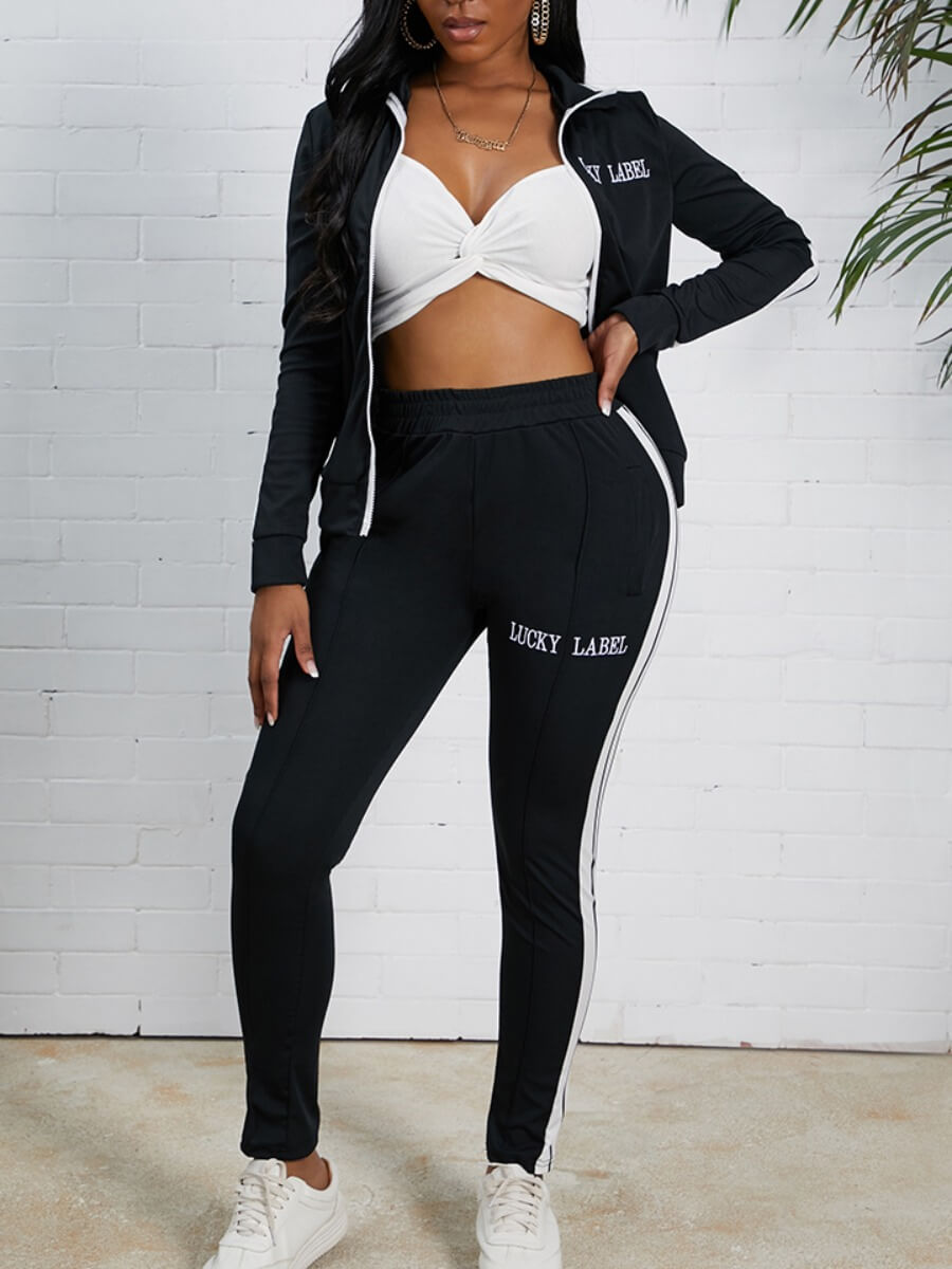 

Lovely Sportswear Letter Patchwork Black Two Piece Pants Set