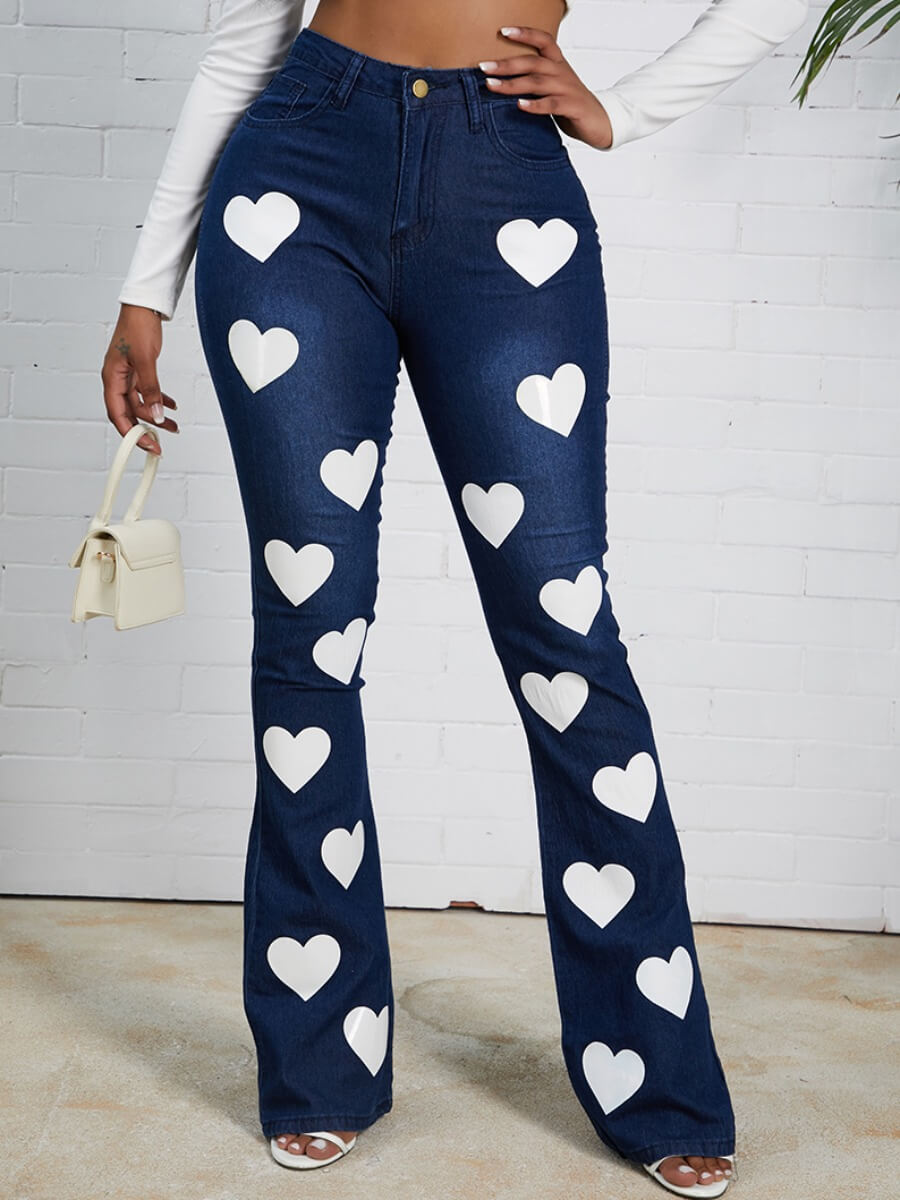 Lovely Stylish Heart Print Deep Blue Jeans
