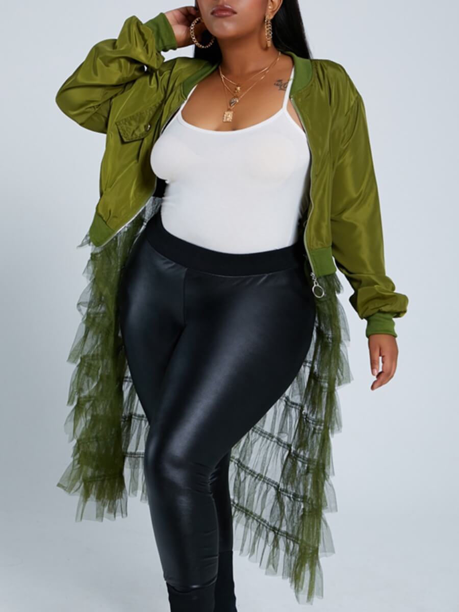 

Lovely Casual Patchwork See-through Army Green Long Plus Size Coat