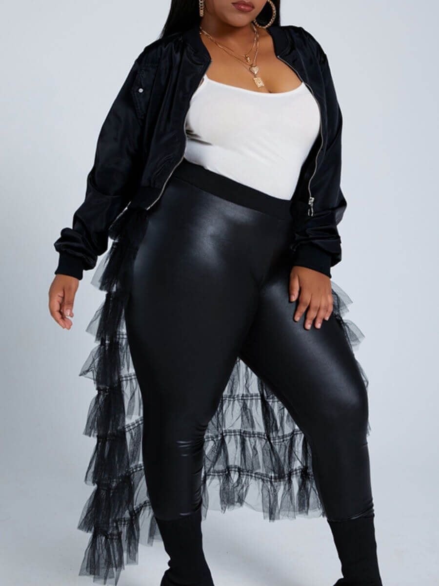 

Lovely Casual Patchwork See-through Black Long Plus Size Coat