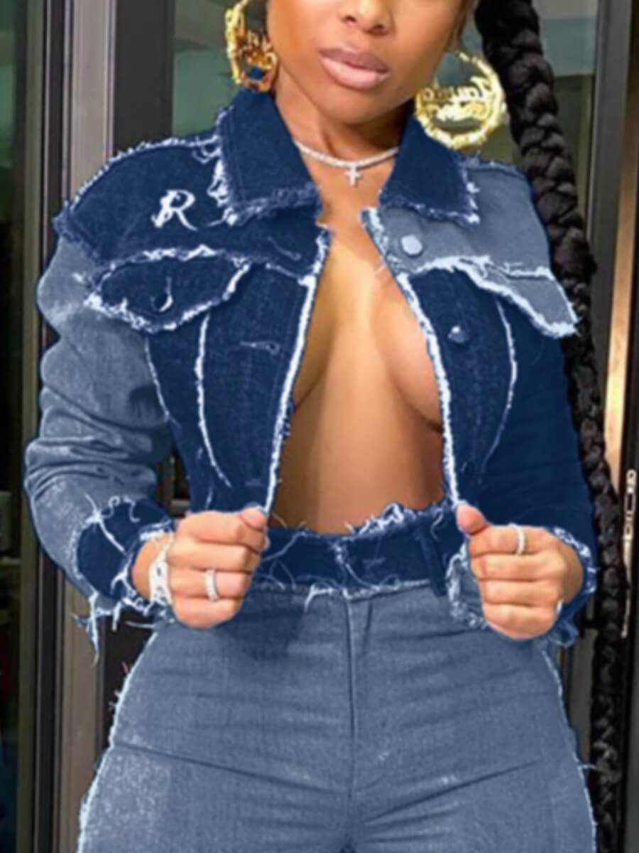 

Lovely Casual Turndown Collar Patchwork Deep Blue Denim Jacket