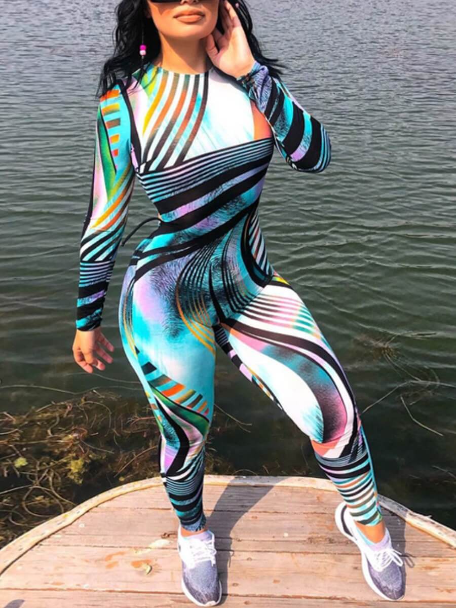 

Lovely Stylish O Neck Print Skinny Multicolor One-piece Jumpsuit, Multi
