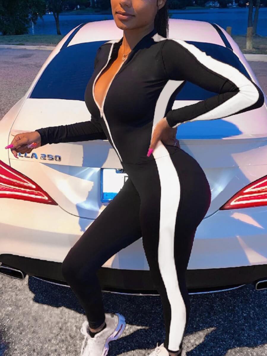 

Lovely Sportswear Patchwork Zipper Design White One-piece Jumpsuit