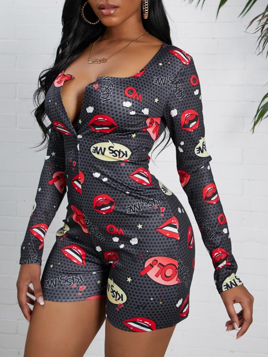 

Lovely Leisure Lip Print Black One-piece Romper