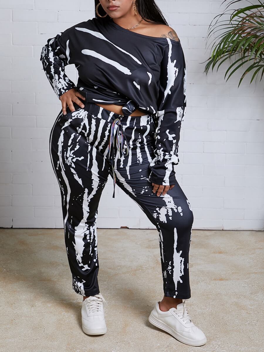 

Lovely Leisure O Neck Print Black Plus Size Two-piece Pants Set