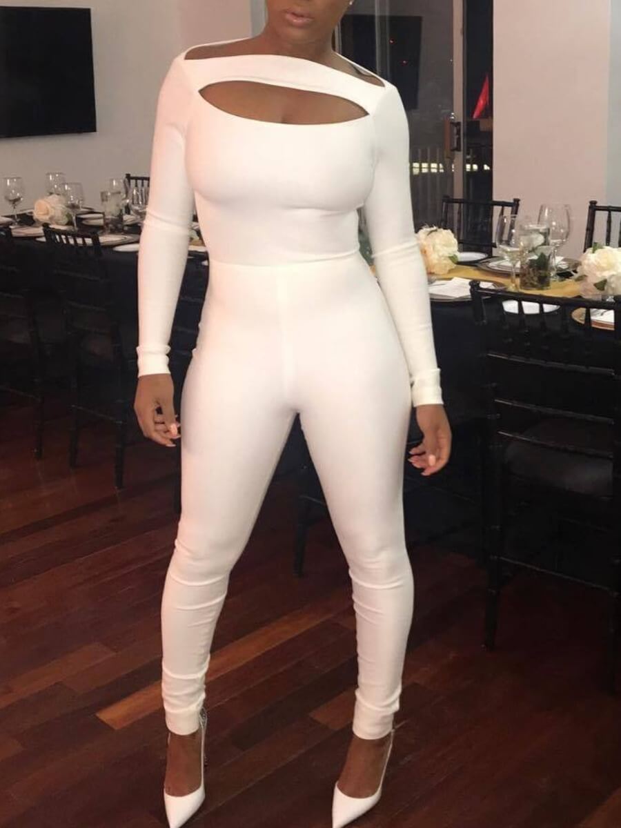

Lovely Sportswear Hollow-out Skinny White One-piece Jumpsuit