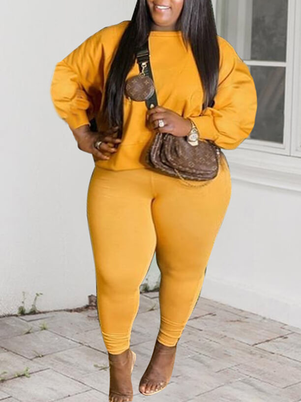 

Lovely Leisure O Neck Basic Yellow Plus Size Two-piece Pants Set