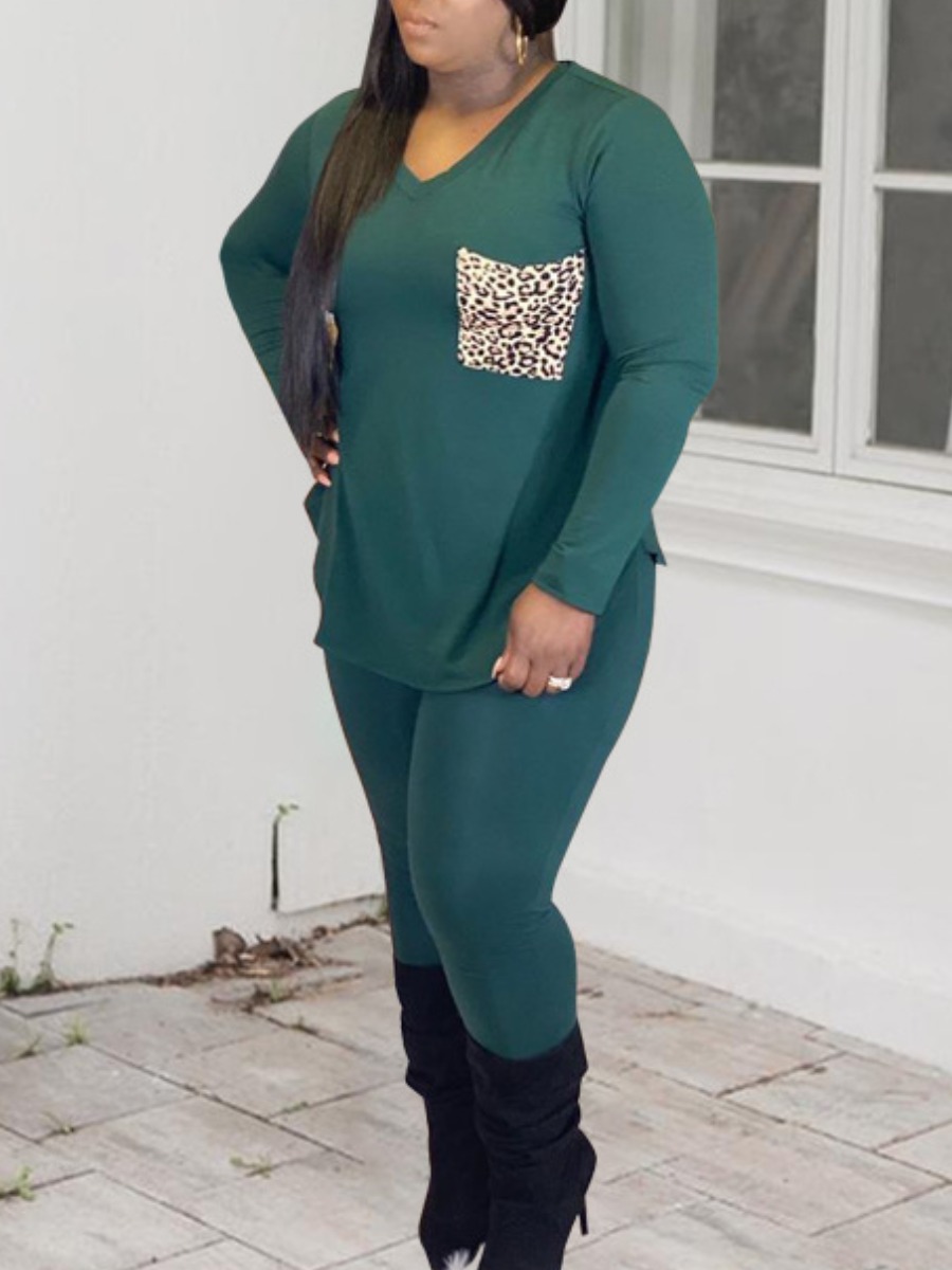 

Lovely Casual V Neck Pocket Patched Blackish Green Plus Size Two-piece Pants Set, Black green