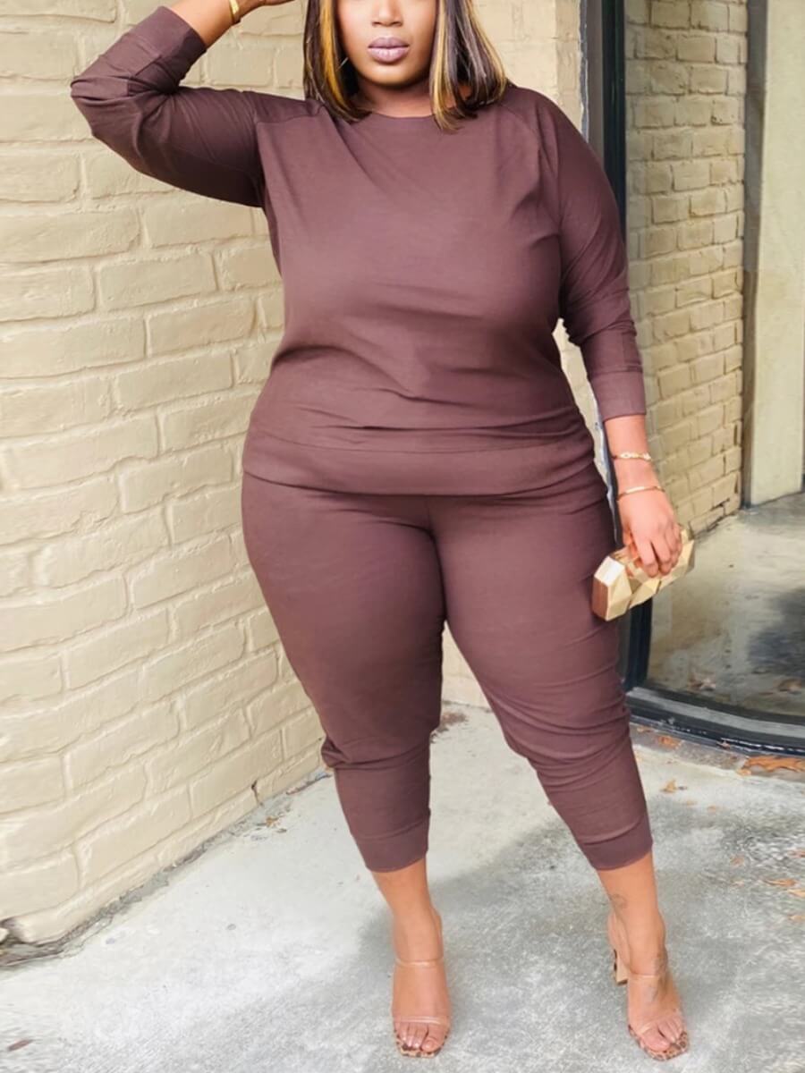 

Lovely Casual O Neck Basic Khaki Plus Size Two-piece Pants Set