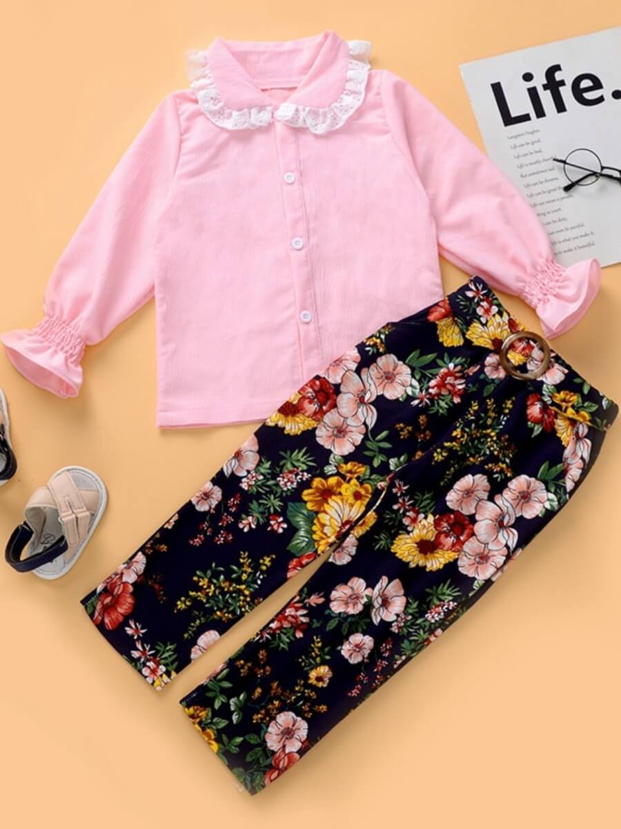 

Lovely Sweet Turndown Collar Plants Print Pink Girl Two-piece Pants Set