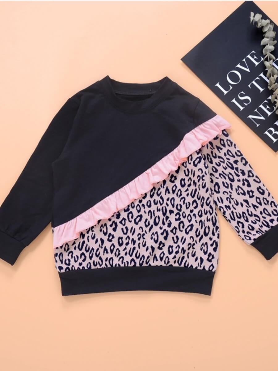 

Lovely Casual O Neck Leopard Print Patchwork Black Girl Hoodie