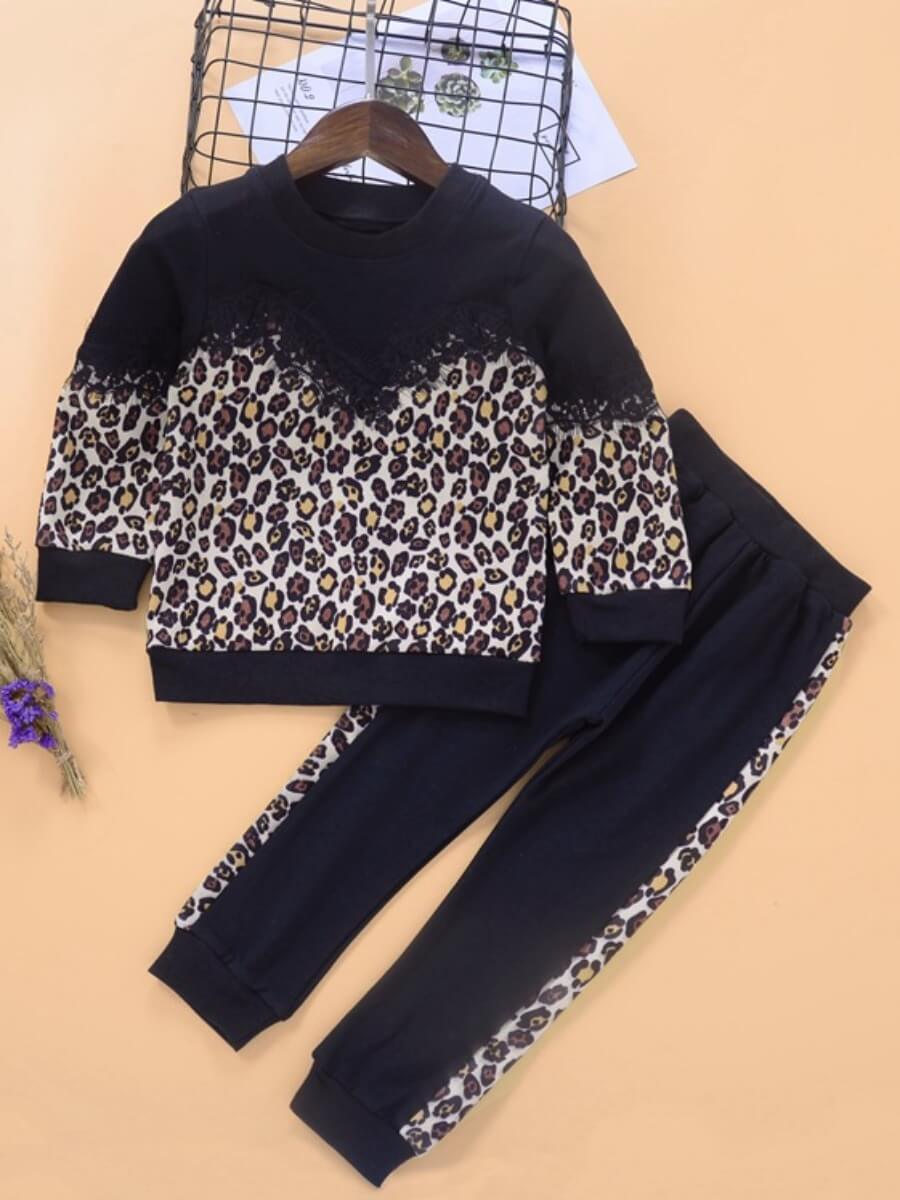 

Lovely Casual O Neck Leopard Print Patchwork Black Girl Two-piece Pants Set