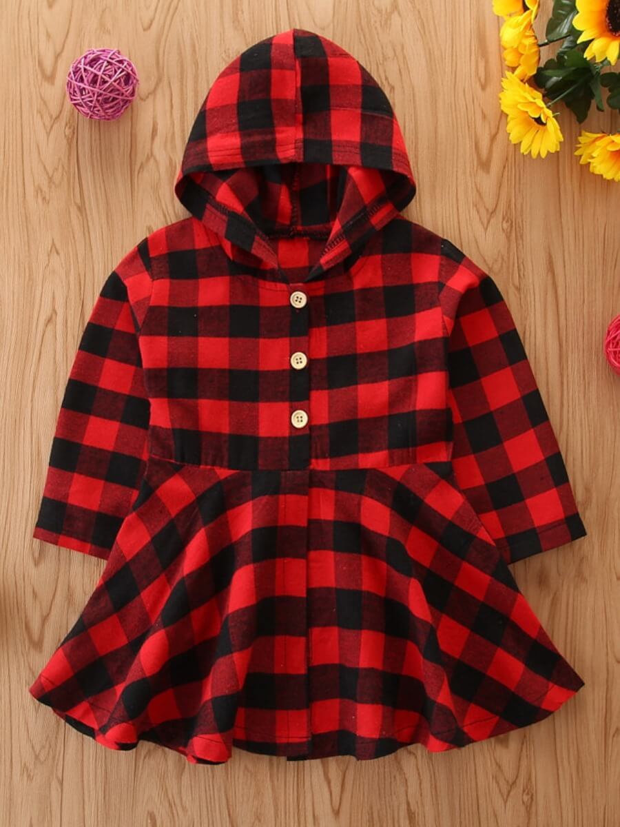 

Lovely Sweet Hooded Collar Grid Print Girl Knee Length Dress, Red and black check