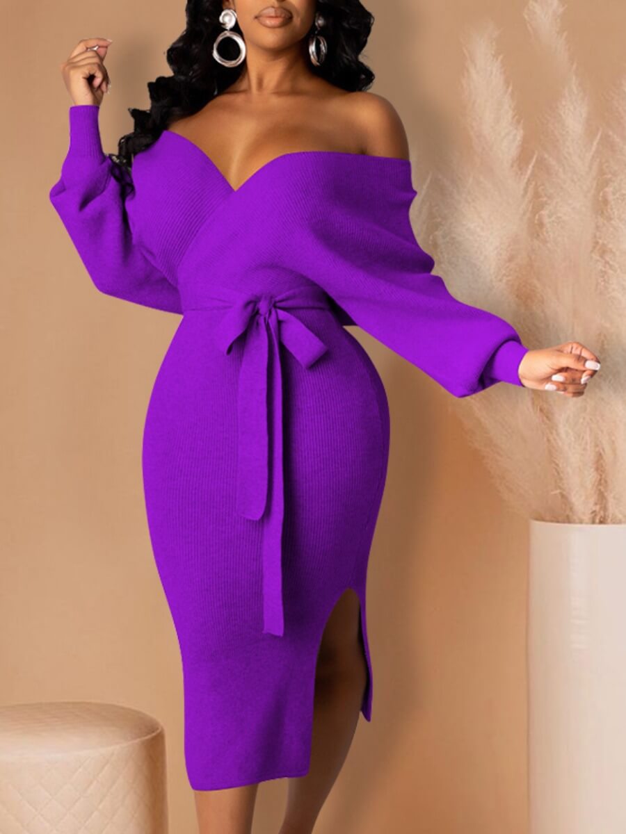 

Lovely Trendy Backless Lace-up Purple Mid Calf Dress