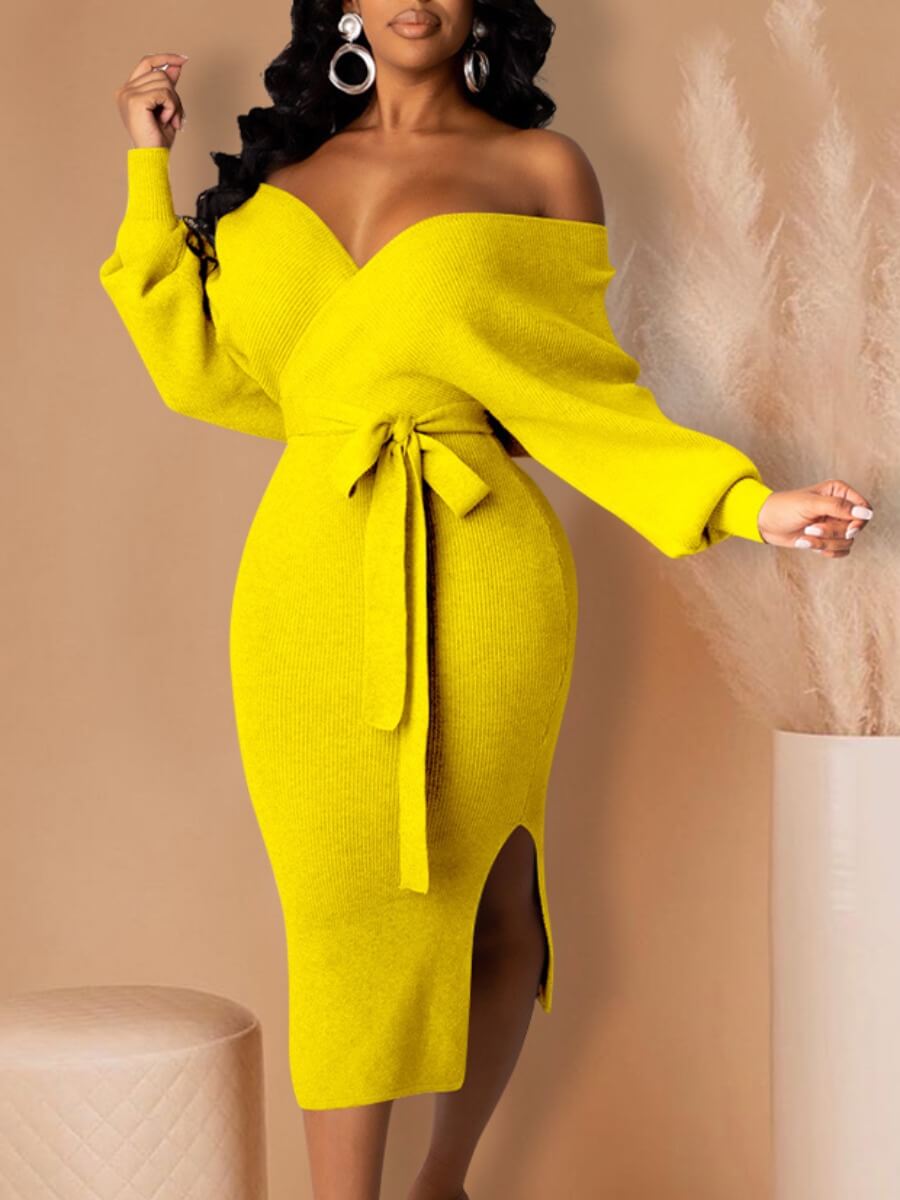 

Lovely Trendy Backless Lace-up Yellow Mid Calf Dress