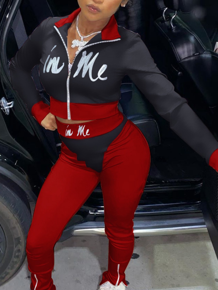 

Lovely Sportswear Turndown Collar Letter Print Patchwork Black Two Piece Pants Set