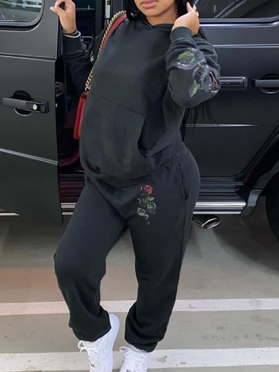 

Lovely Casual Hooded Collar Print Black Two Piece Pants Set