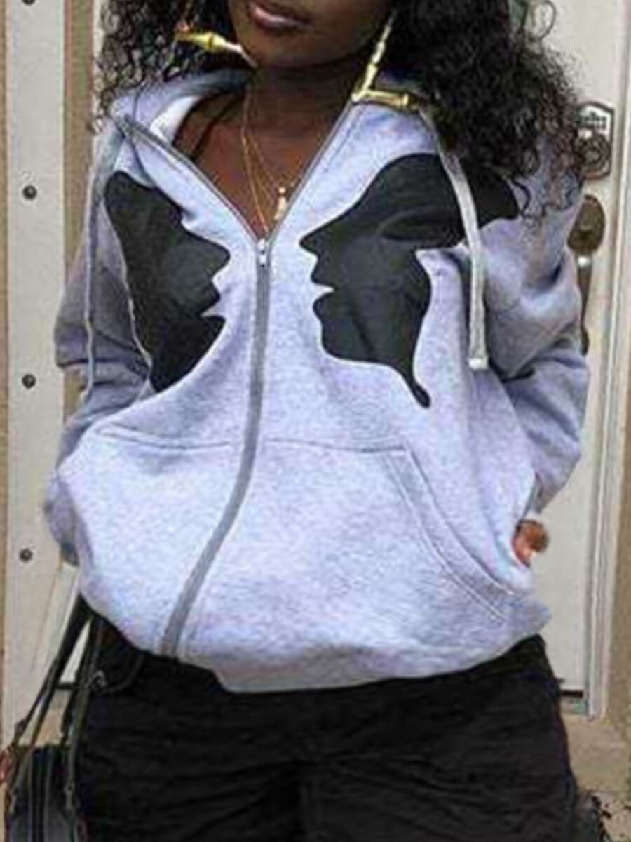 

Lovely Leisure Hooded Collar Print Zipper Design Grey Coat