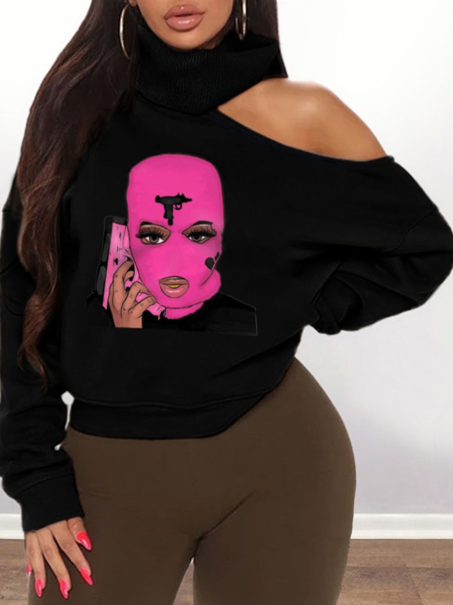 

lovely Casual Turtleneck Hollow-out Print Black Plus Size Hoodie