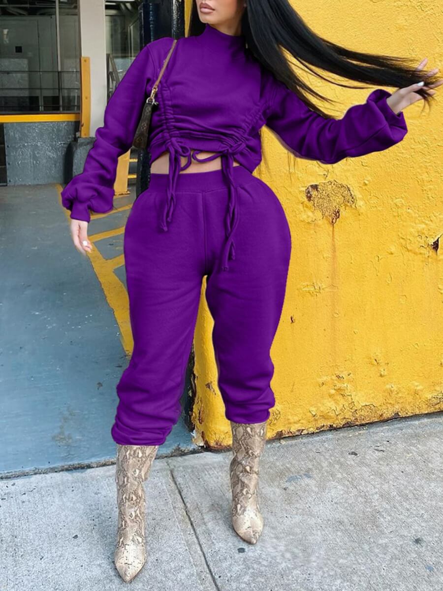 

Lovely Casual Half A Turtleneck Drawstring Purple Plus Size Two-piece Pants Set