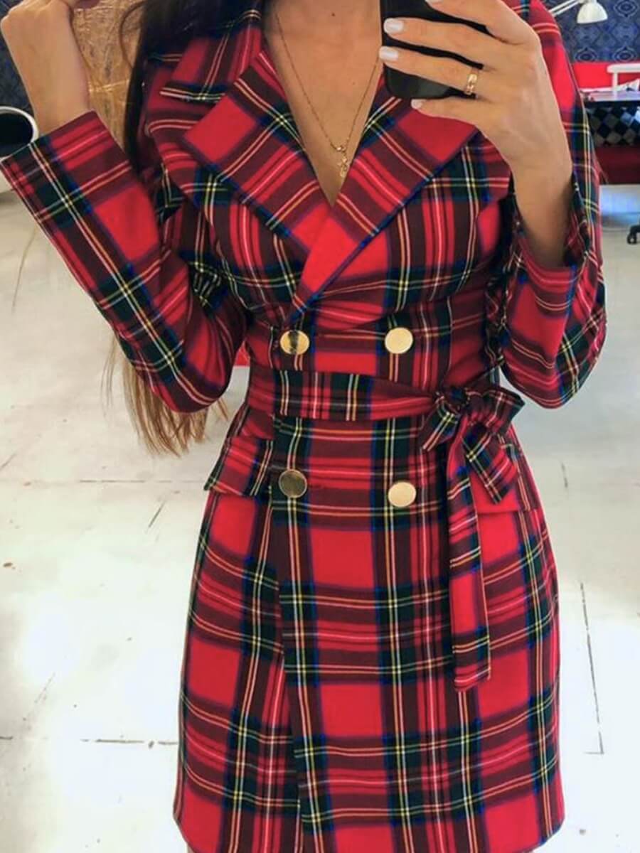 

Lovely Trendy Turn-back Collar Grid Print Red Knee Length Dress