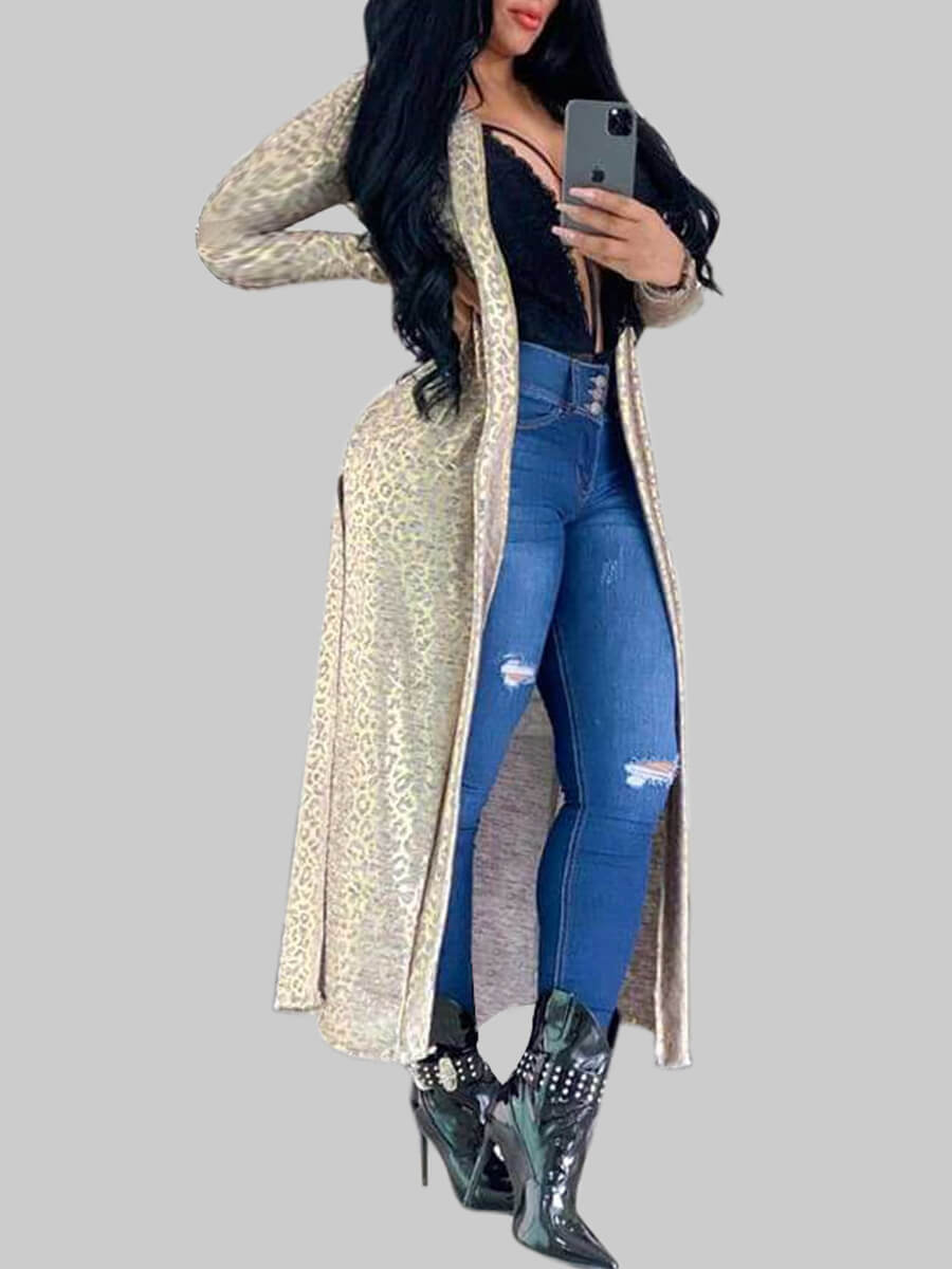 

Lovely Stylish Print Side High Slit White Long Coat