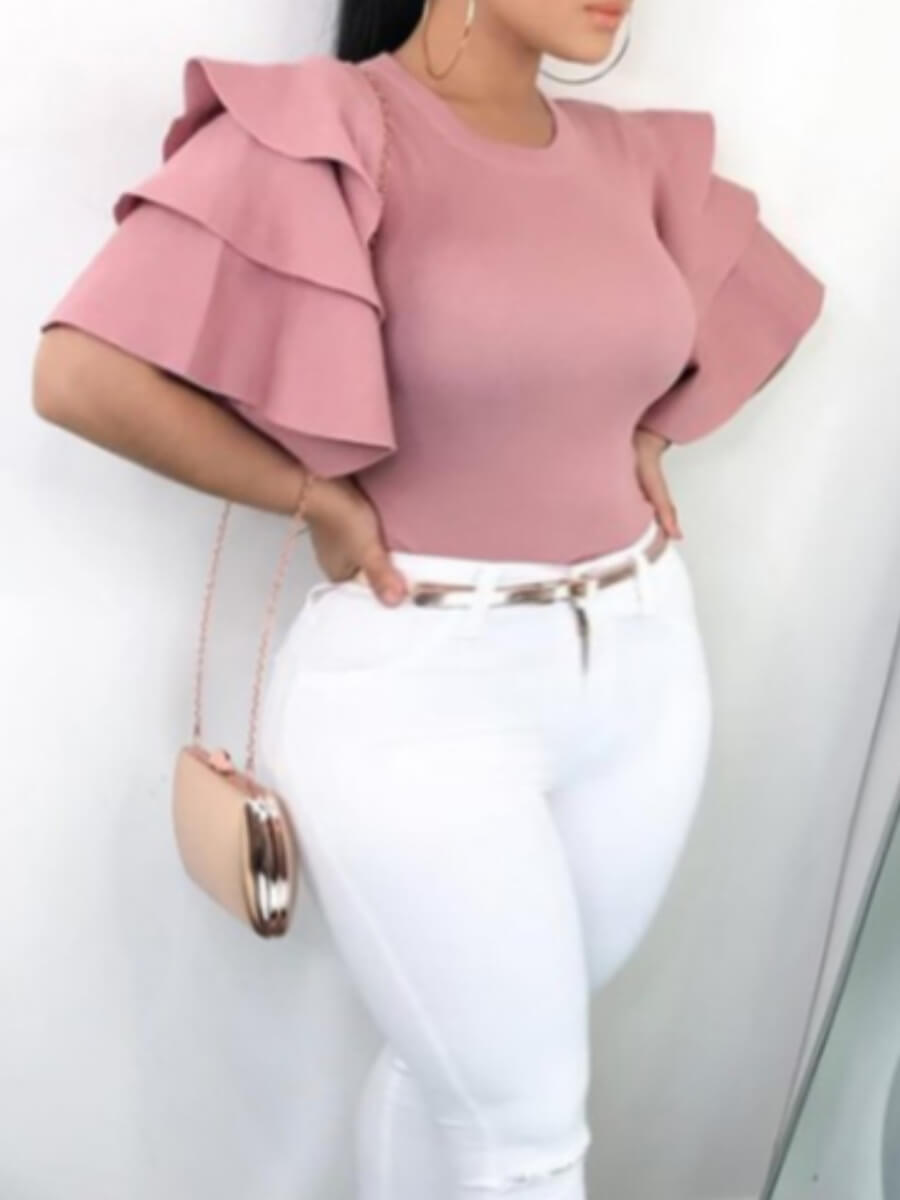 

LW Plus Size Round Neck Patchwork Pink Blouse