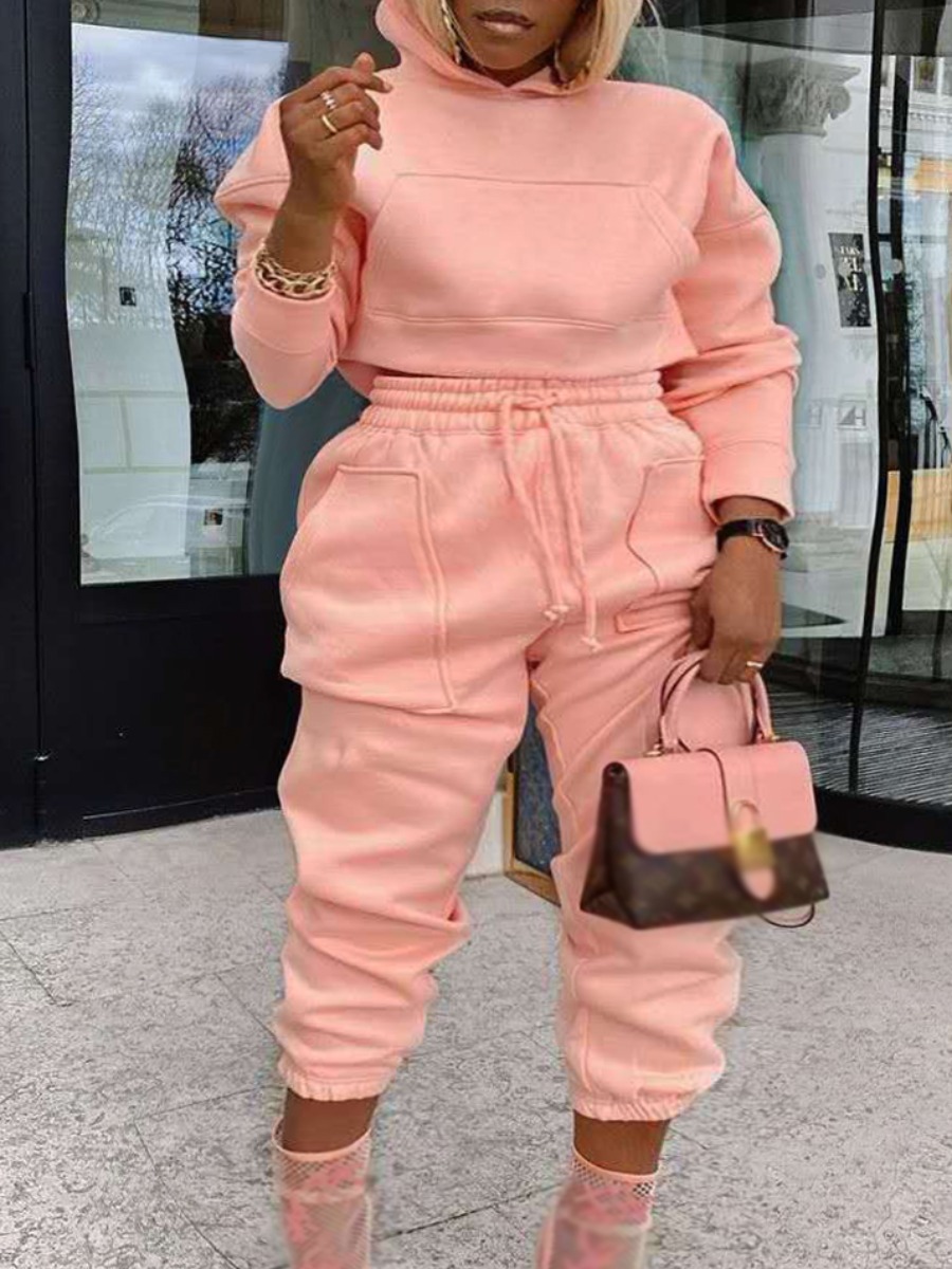 

Lovely Sportswear Hooded Collar Pocket Patched Loose Pink Two Piece Pants Set