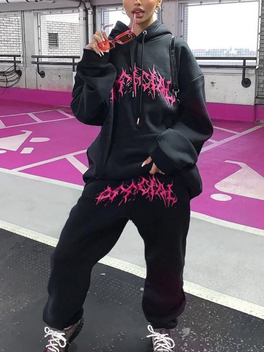 

Lovely Casual Hooded Collar Print Loose Black Two Piece Pants Set