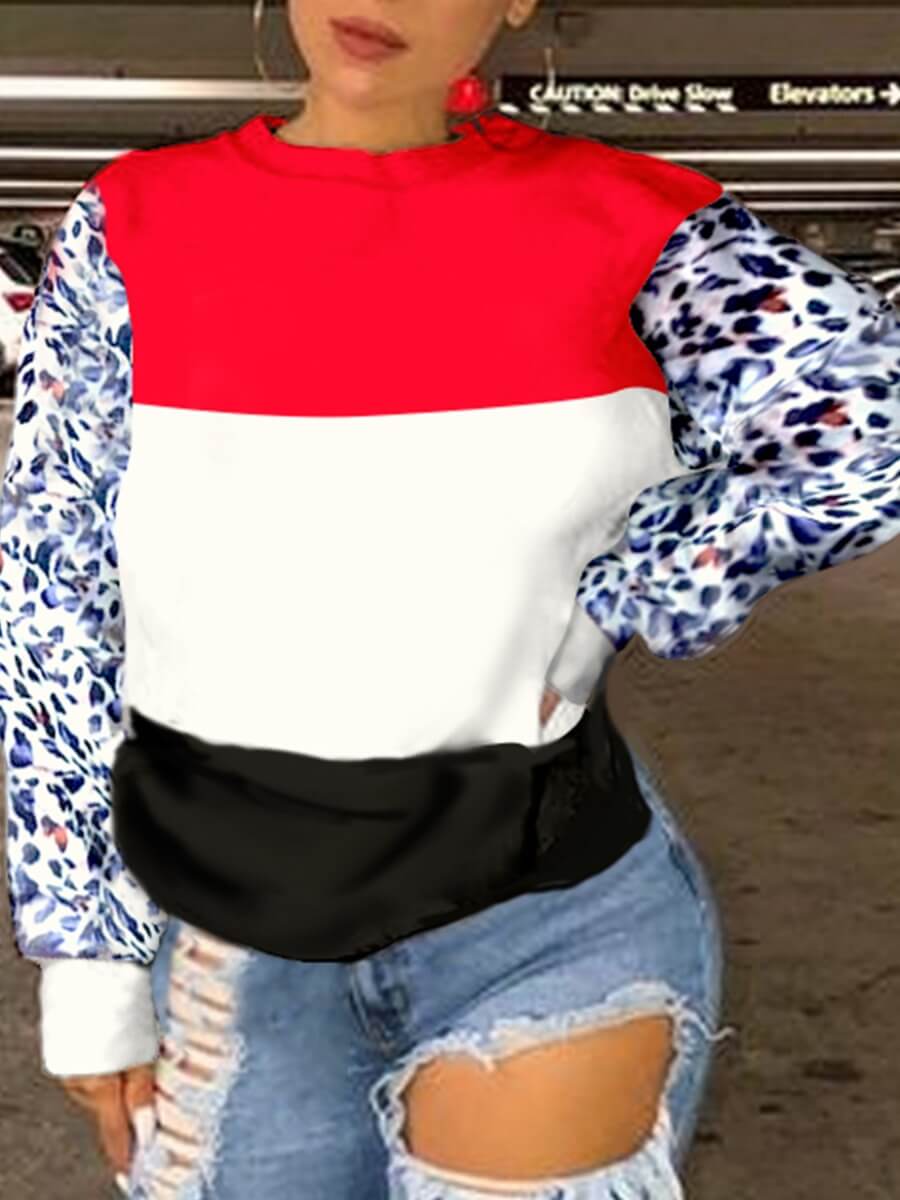 

Lovely Casual O Neck Print Patchwork Red Hoodie