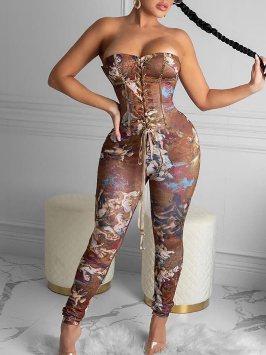 

Lovely Off The Shoulder Angel Print Jumpsuit, Brown