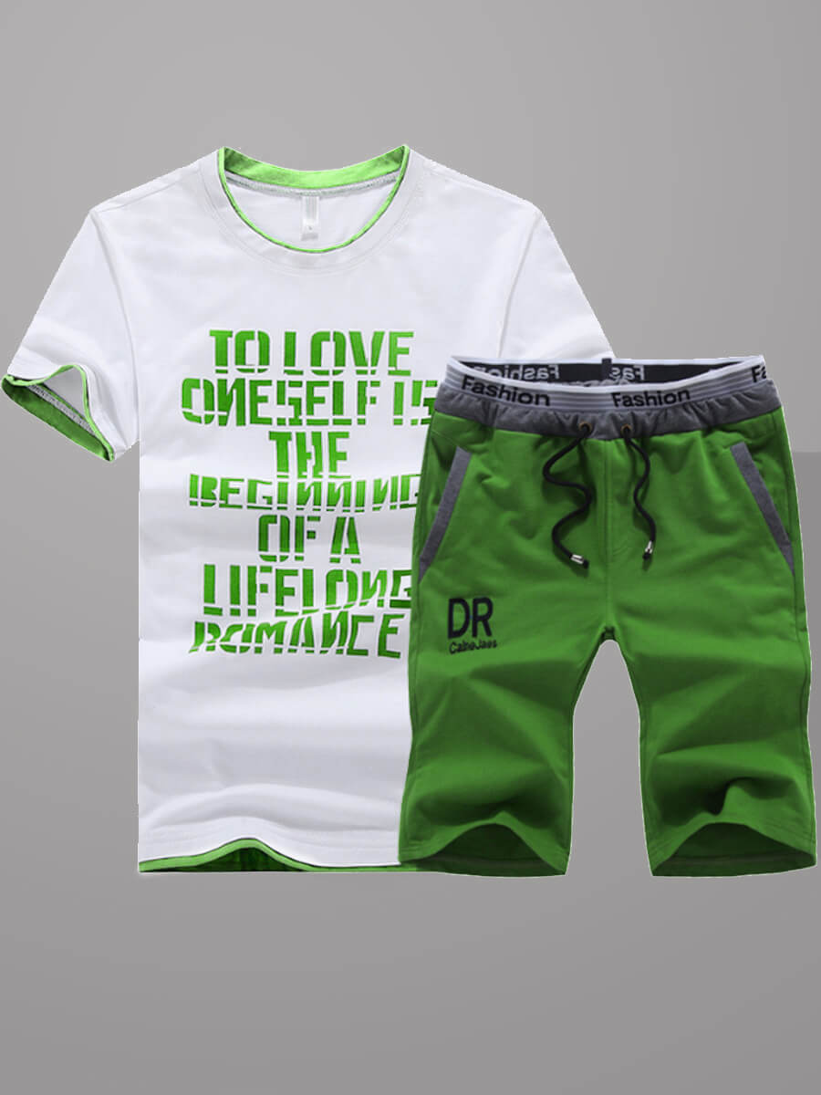 

Lovely Men Sportswear O Neck Letter Print Green Two-piece Shorts Set