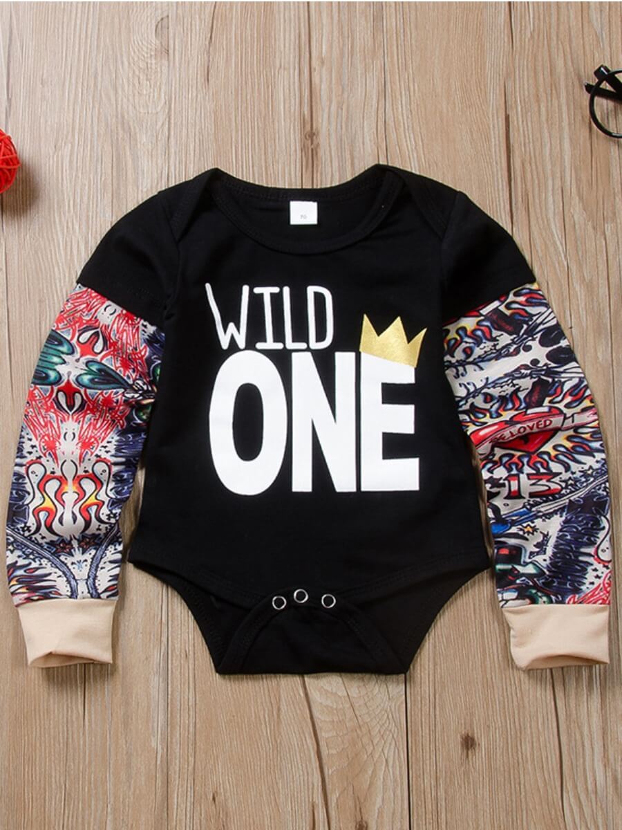 

Lovely Street O Neck Print Patchwork Black Boy Bodysuit