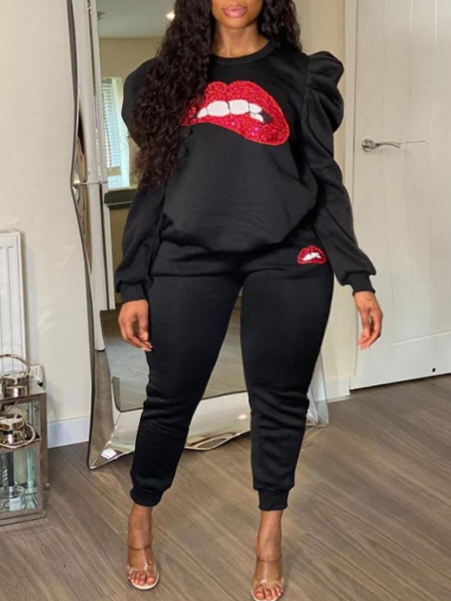 

Lovely Casual O Neck Lip Print Black Two Piece Pants Set