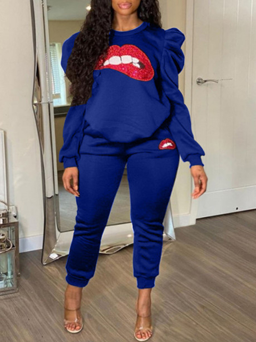 

Lovely Casual O Neck Lip Print Blue Two Piece Pants Set