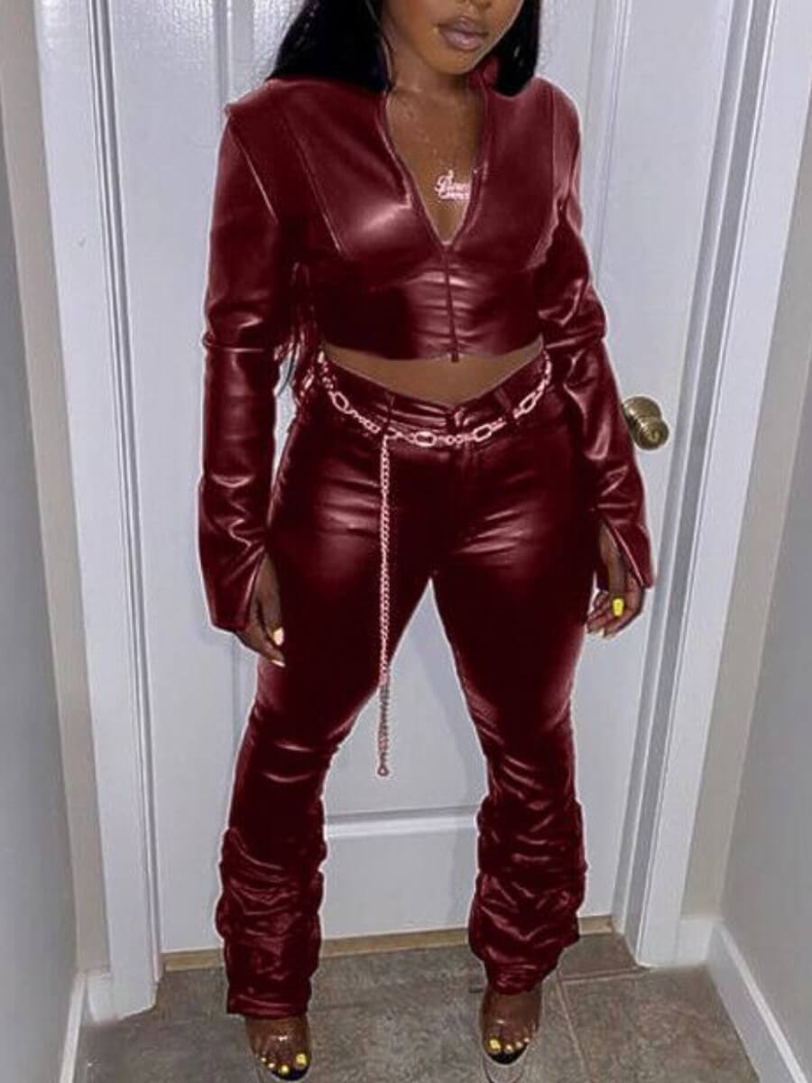 

Lovely Trendy Fold Zipper Design Wine Red Two Piece Pants Set