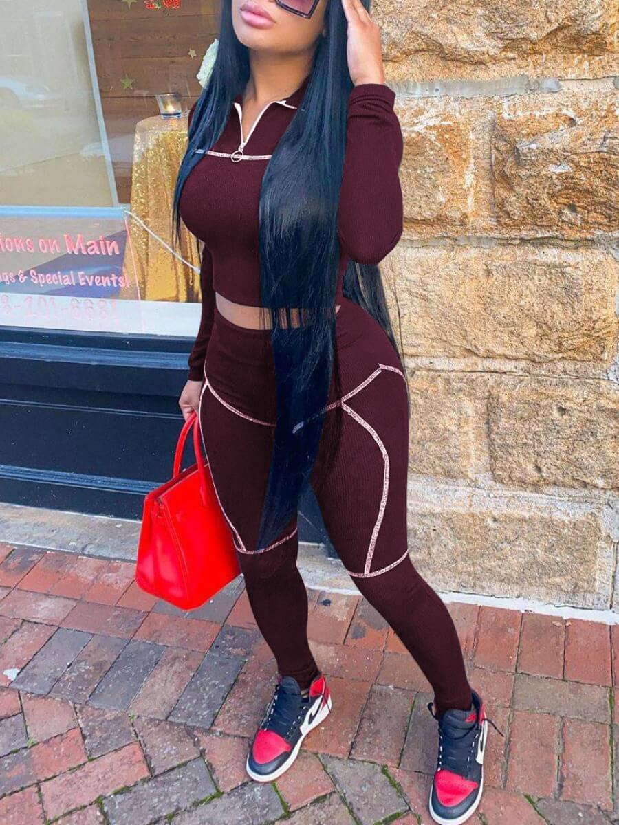 

Lovely Sportswear Turndown Collar Patchwork Dull Red Two Piece Pants Set