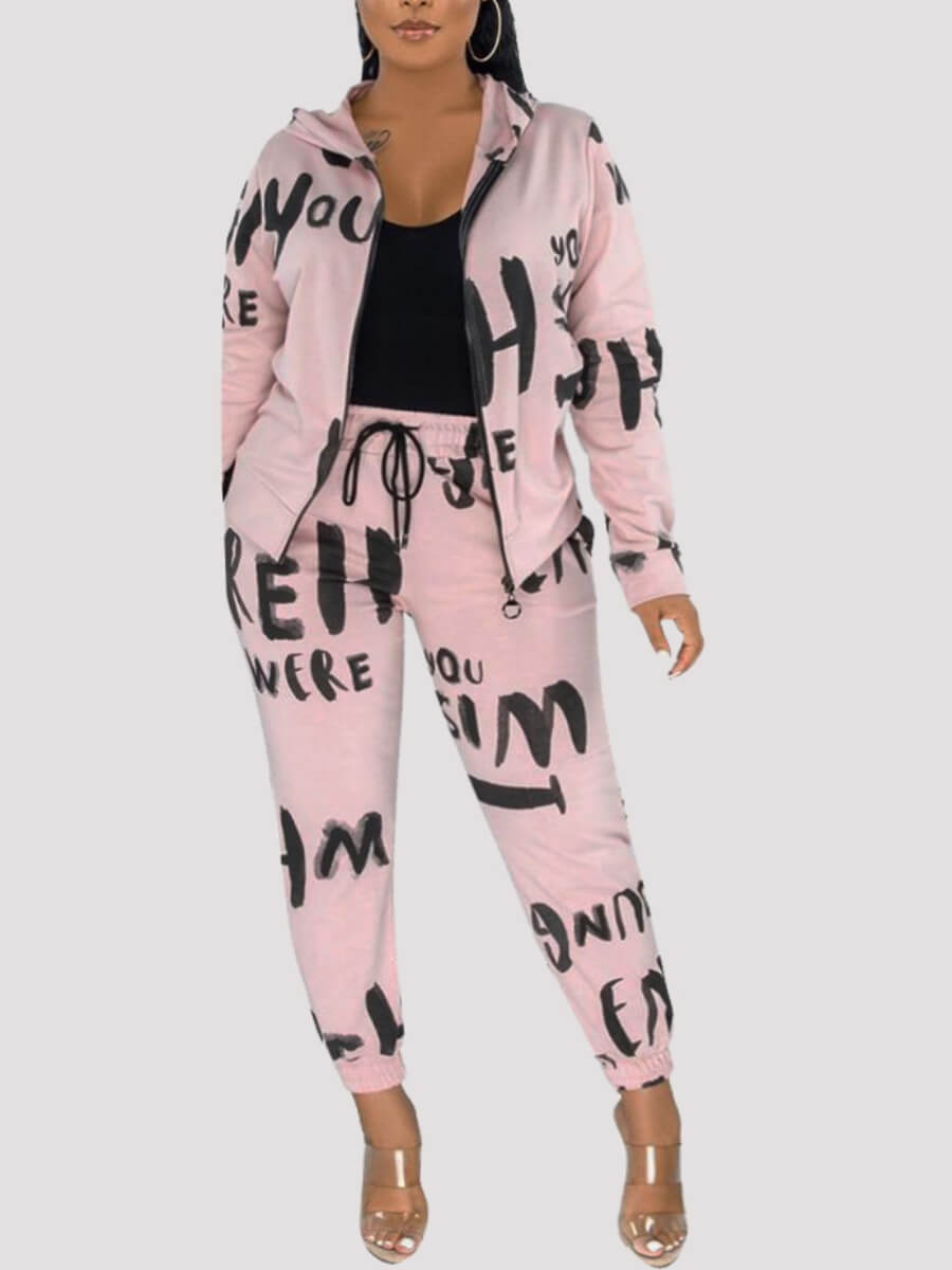 

Lovely Casual Hooded Collar Letter Print Pink Two Piece Pants Set