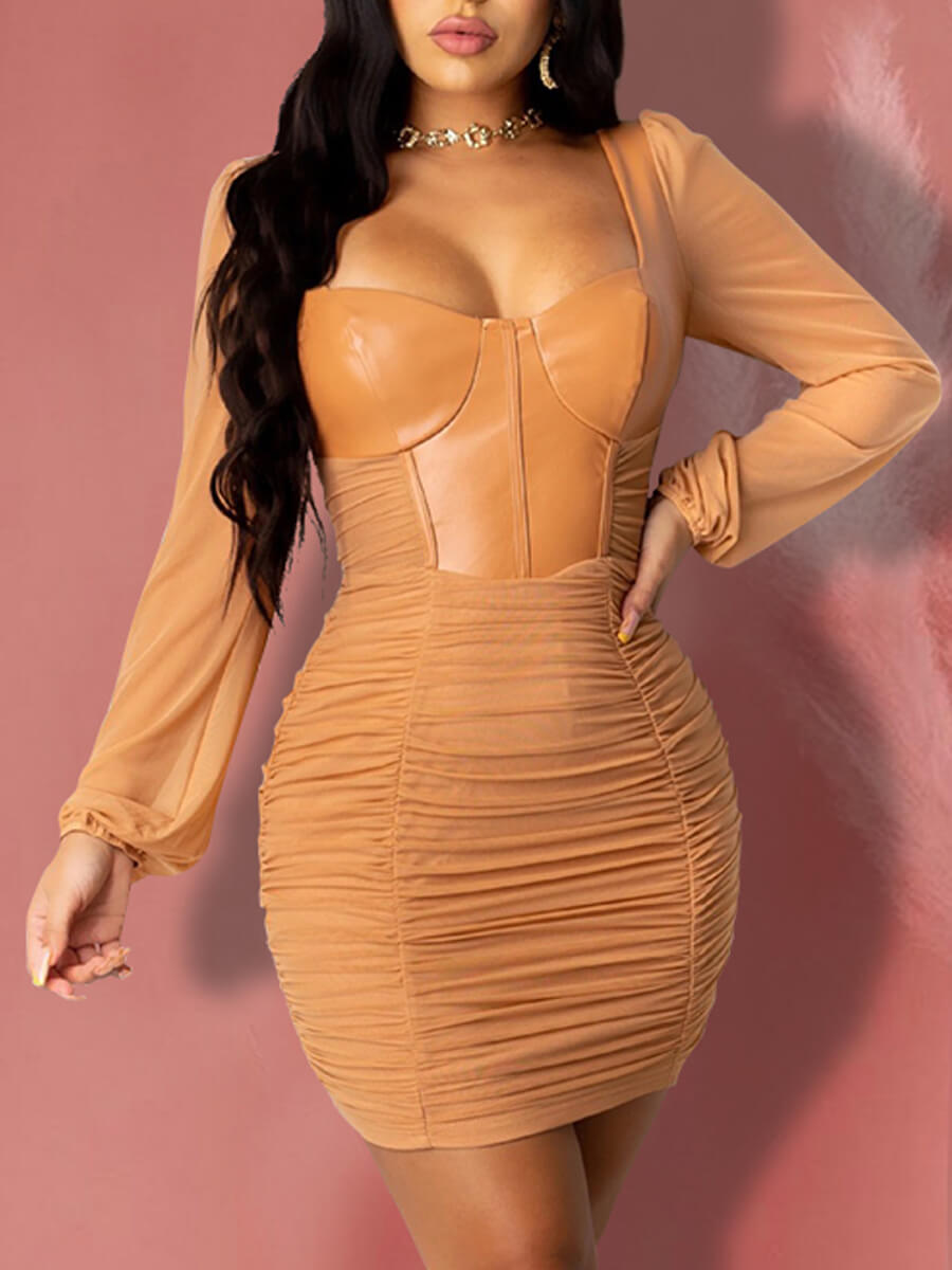 

Lovely Sexy Square Collar Patchwork Brown Mini Dress
