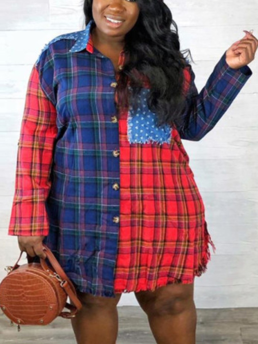 

Lovely Casual Turndown Collar Grid Print Patchwork Blue Knee Length Plus Size Dress