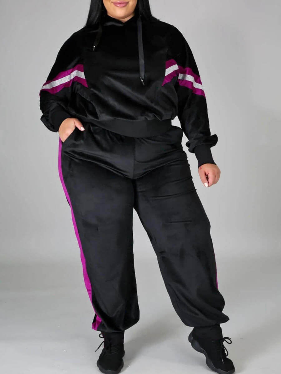 

Lovely Sportswear Hooded Collar Patchwork Black Plus Size Two-piece Pants Set