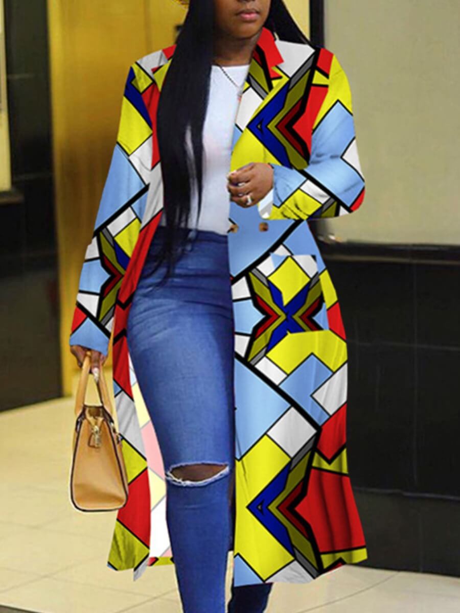 

Lovely Stylish Turndown Collar Print Multicolor Long Plus Size Coat, Multi