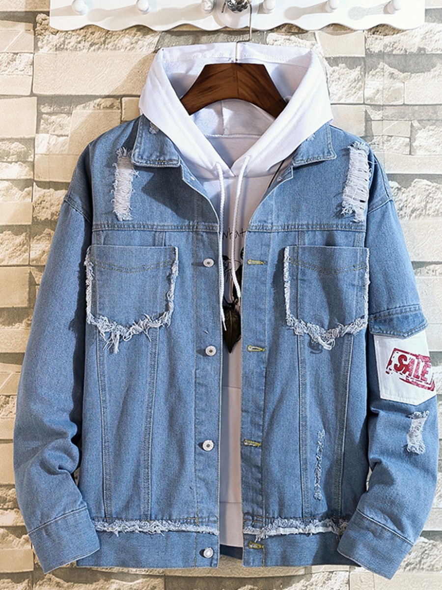 

Lovely Stylish Turndown Collar Broken Holes Blue Men Denim Jacket