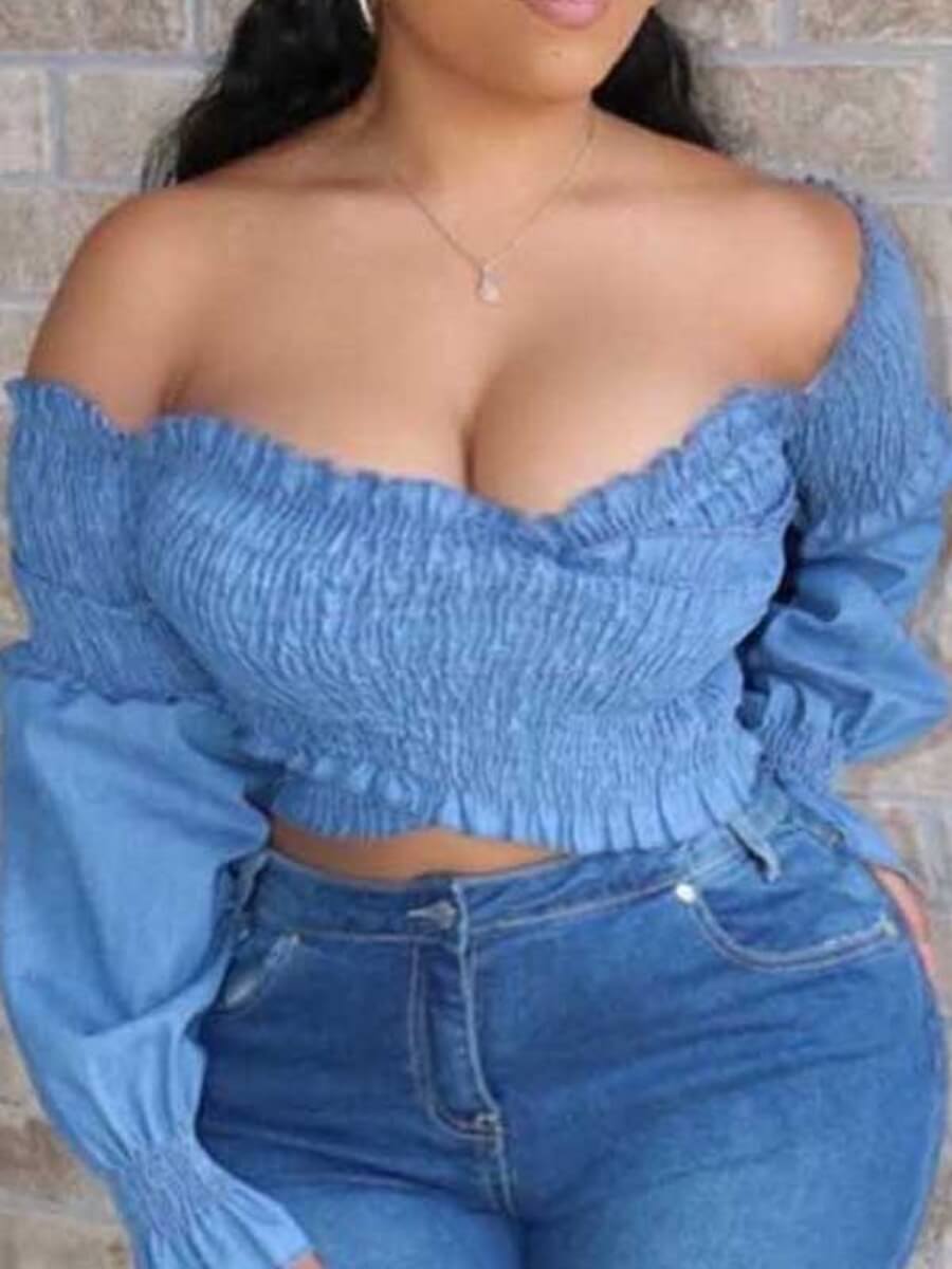 

Lovely Trendy Fold Design Blue Denim Blouse