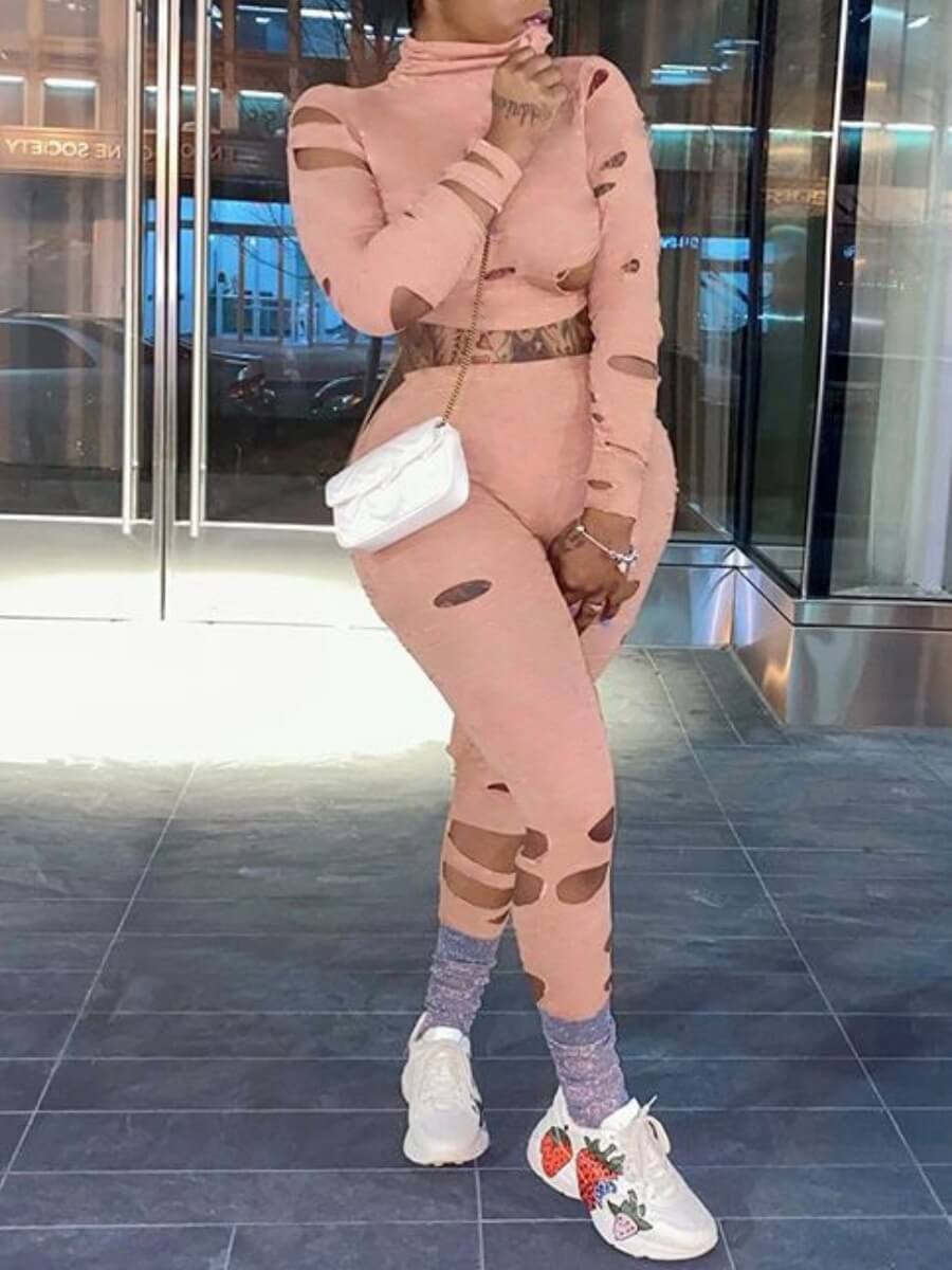 

Lovely Street Turtleneck Broken Holes Pink Two Piece Pants Set