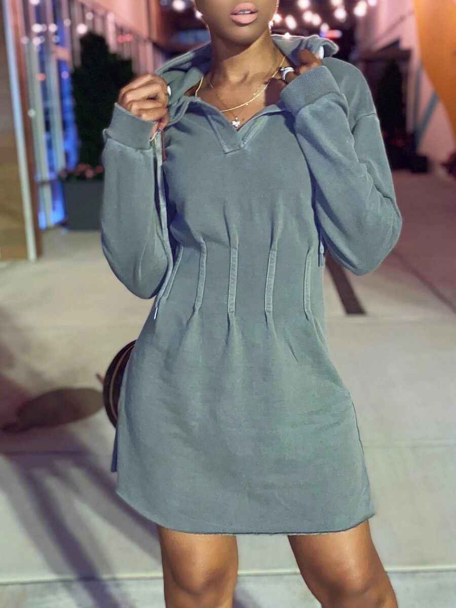 

LW BASICS Casual Hooded Collar Grey Knee Length Dress
