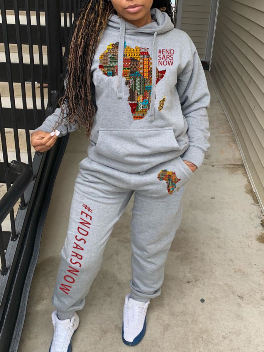 

Lovely Street Hooded Collar Print Grey Two Piece Pants Set